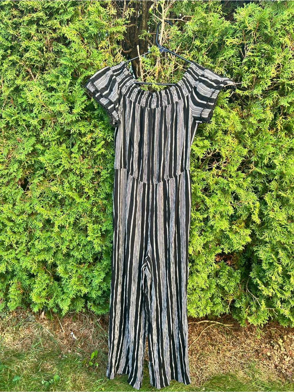 Xhilaration Black and White Striped Off-Shoulder One-Piece Jumpsuit